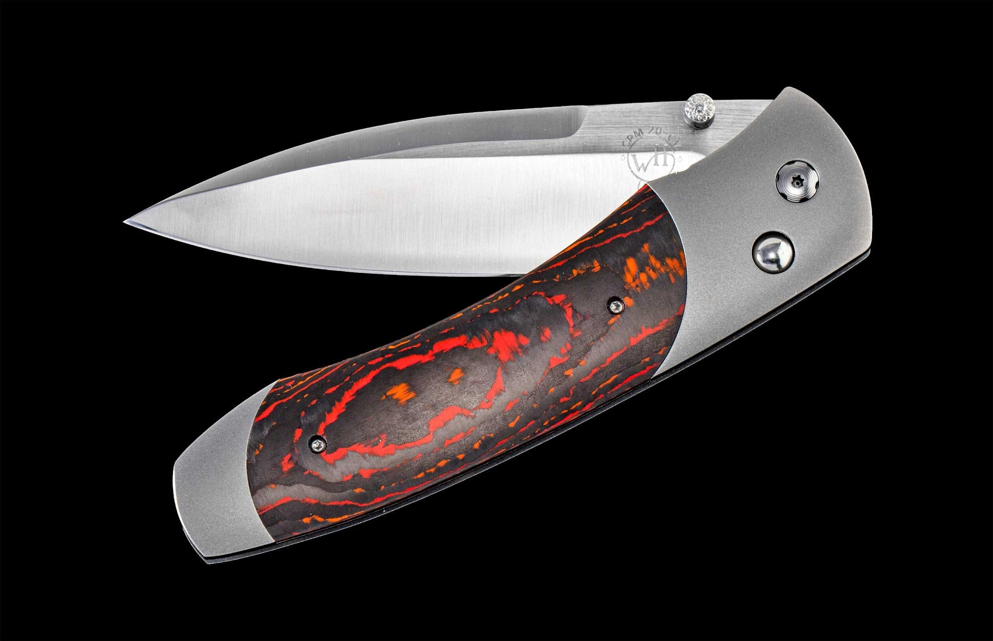 Handcrafted William Henry pocket knife with hand-finished titanium frame inlaid with 'Mars Valley' carbon fiber and a S35VN blade