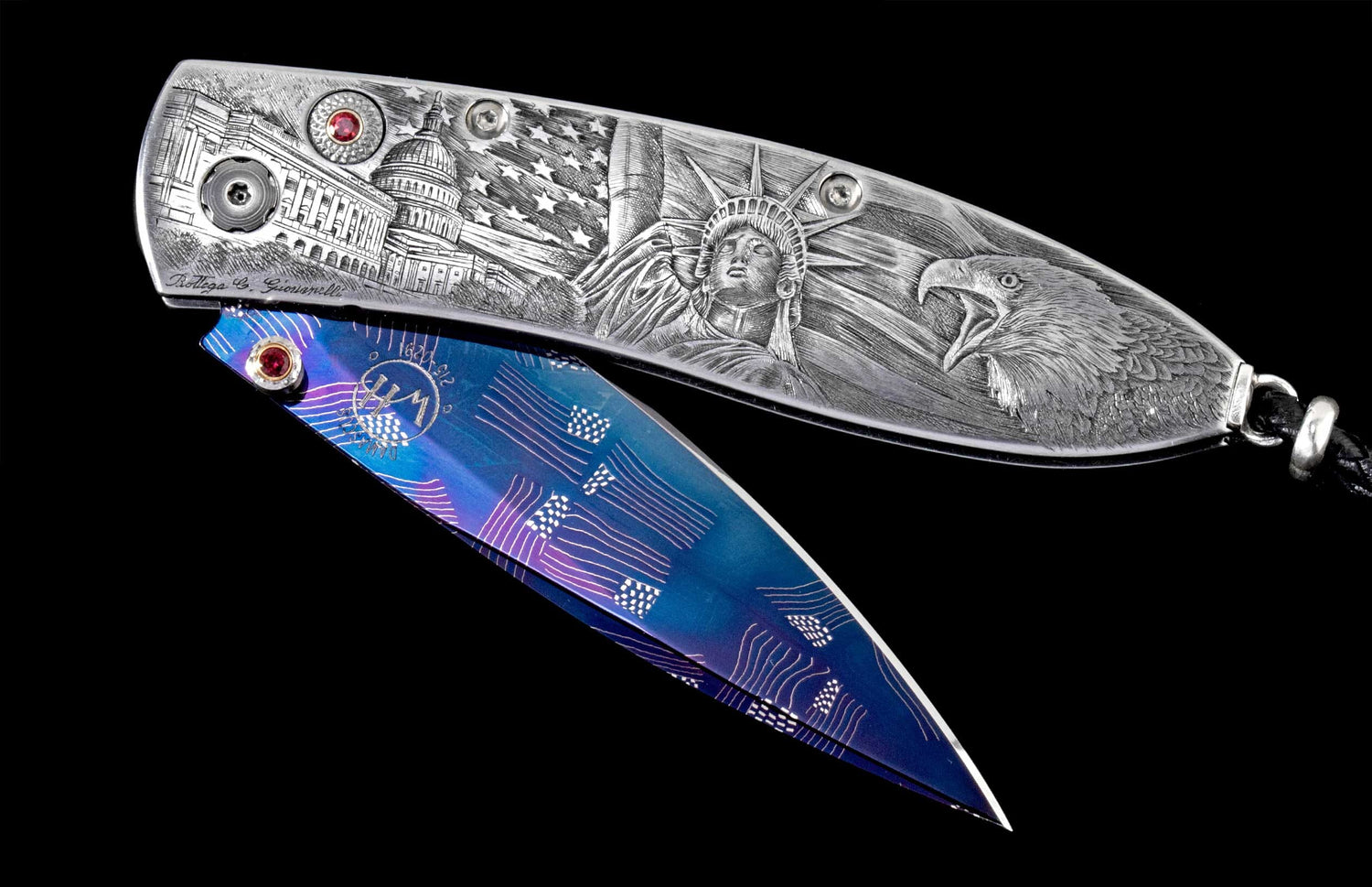 The Monarch America Hand-engraved Pocketknife with Hand-Forged 'Flag' Damascus Blade