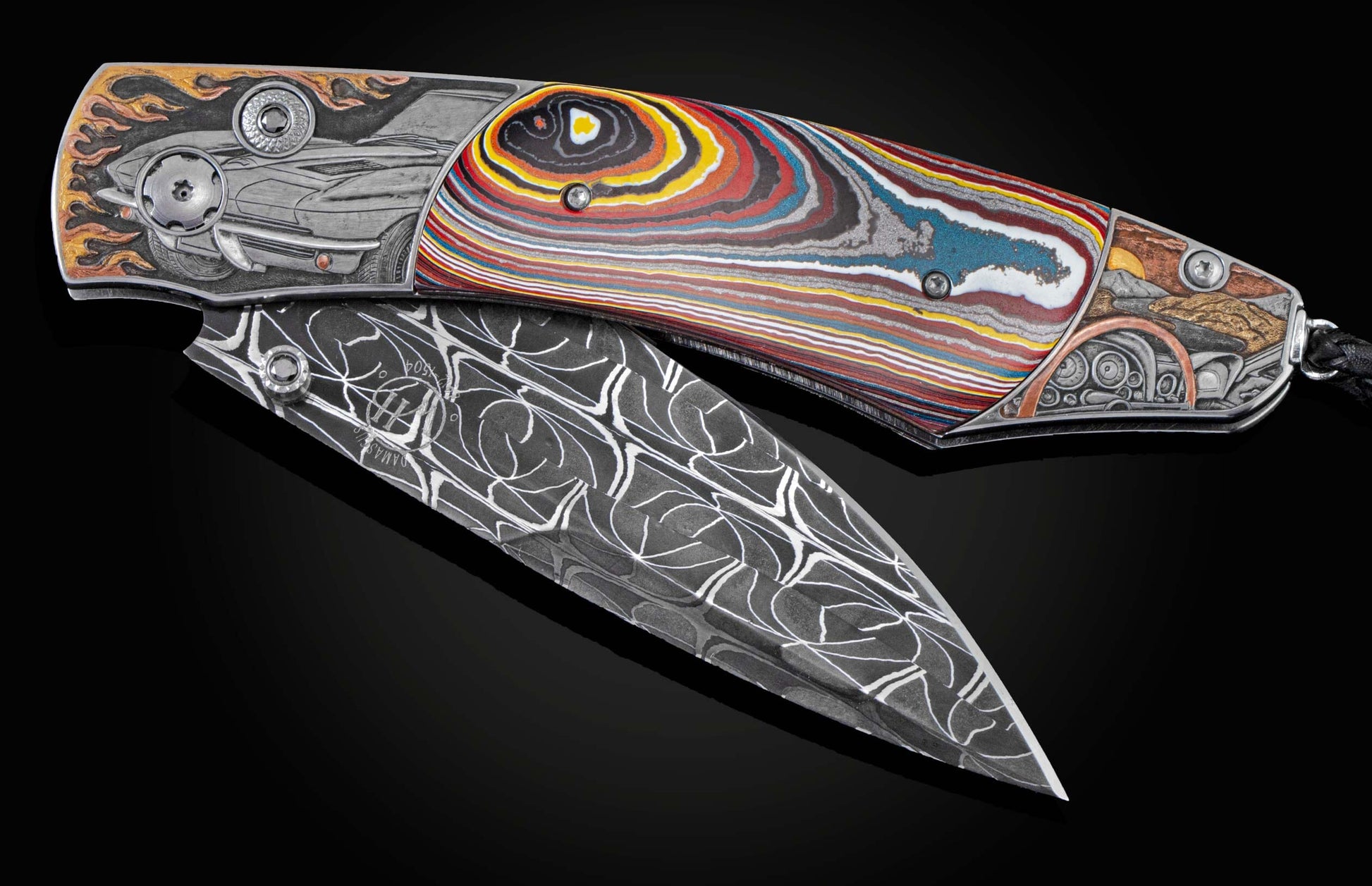 Handcrafted pocket knife from William Henry featuring hand-engraved images of 63' Corvette with copper, silver, brass, and 24K gold inlaid with Corvette Fordite and set with black diamonds. The blade is hand-forged damascus.