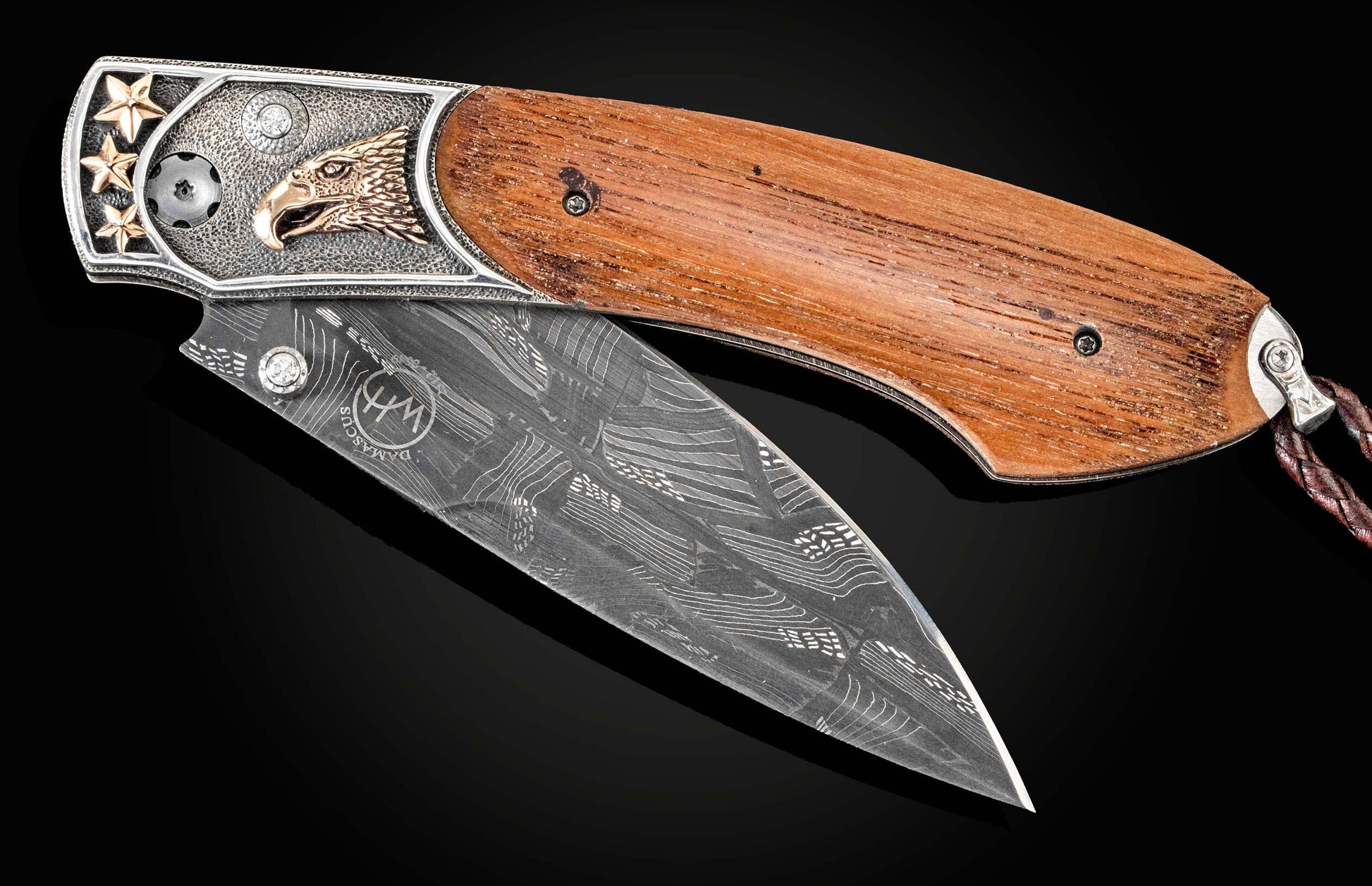 Custom knife from William Henry with hand-carved sterling silver & gold eagle by Lee Downey, inlaid with wood from the original Independence Hall, set with diamonds, and a hand-forged damascus steel blade by Chad Nichols