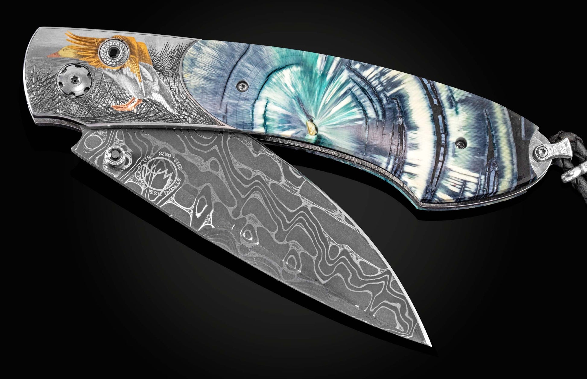 Custom William Henry knife featuring hand-engraved ducks in 24K yellow and 18K green gold, and silver & copper inlays by Thierry Duguet, inlaid with fossil Woolly Mammoth tusk and a  hand-forged damascus steel blade by Chad Nichols