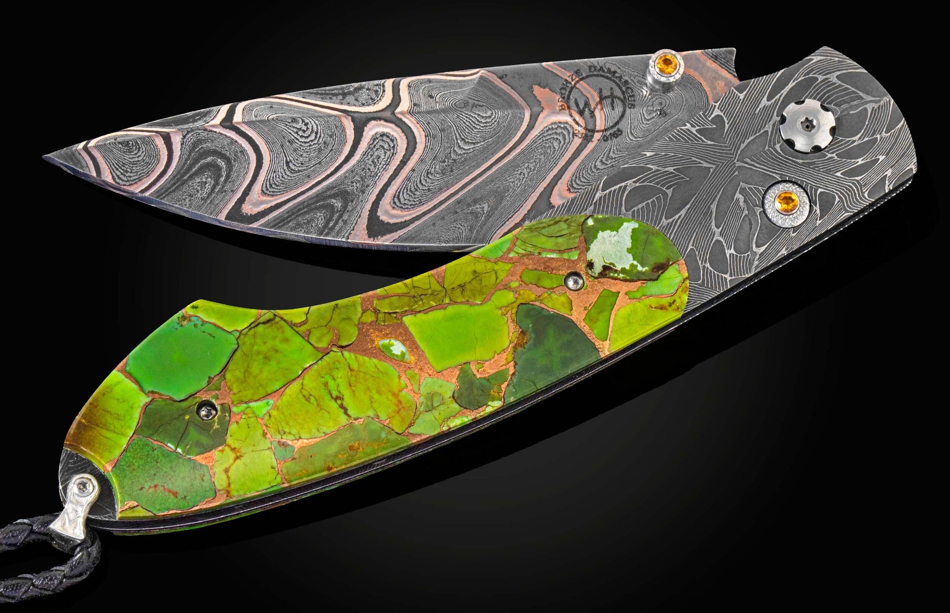 Handcrafted William Henry knife, inlaid with Mojave Green Turquoise, hand-forged Damascus steel, set with citrines. 
