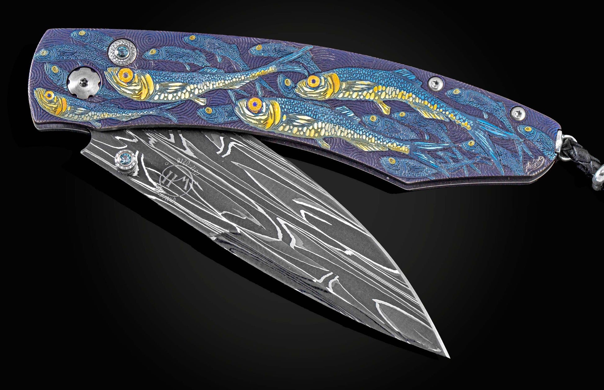 Handcrafted William Henry knife with hand and laser engraved fish with 24K gold inlay by Tom Sterling, Blue topaz gemstones, and  hand-forged damascus steel blade by Robert Eggerling