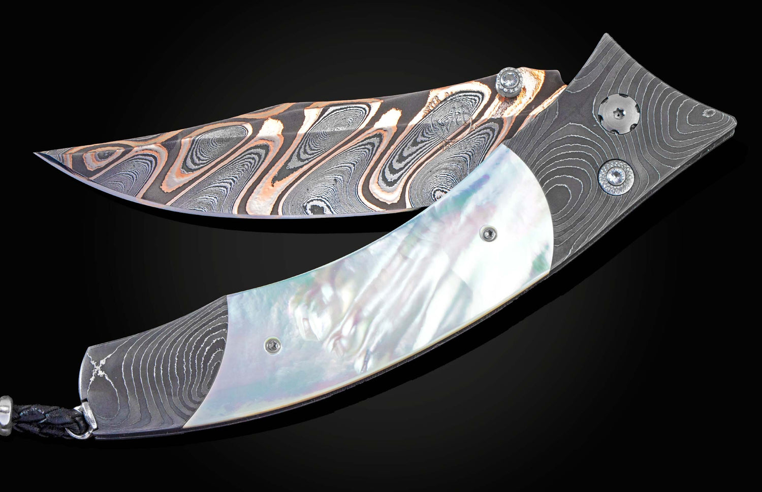 Handcrafted William Henry knife with damascus steel frame by Chad Nichols, inlaid with mother of pearl, white topaz gemstones, and a  damascus steel blade by Baker Forge.