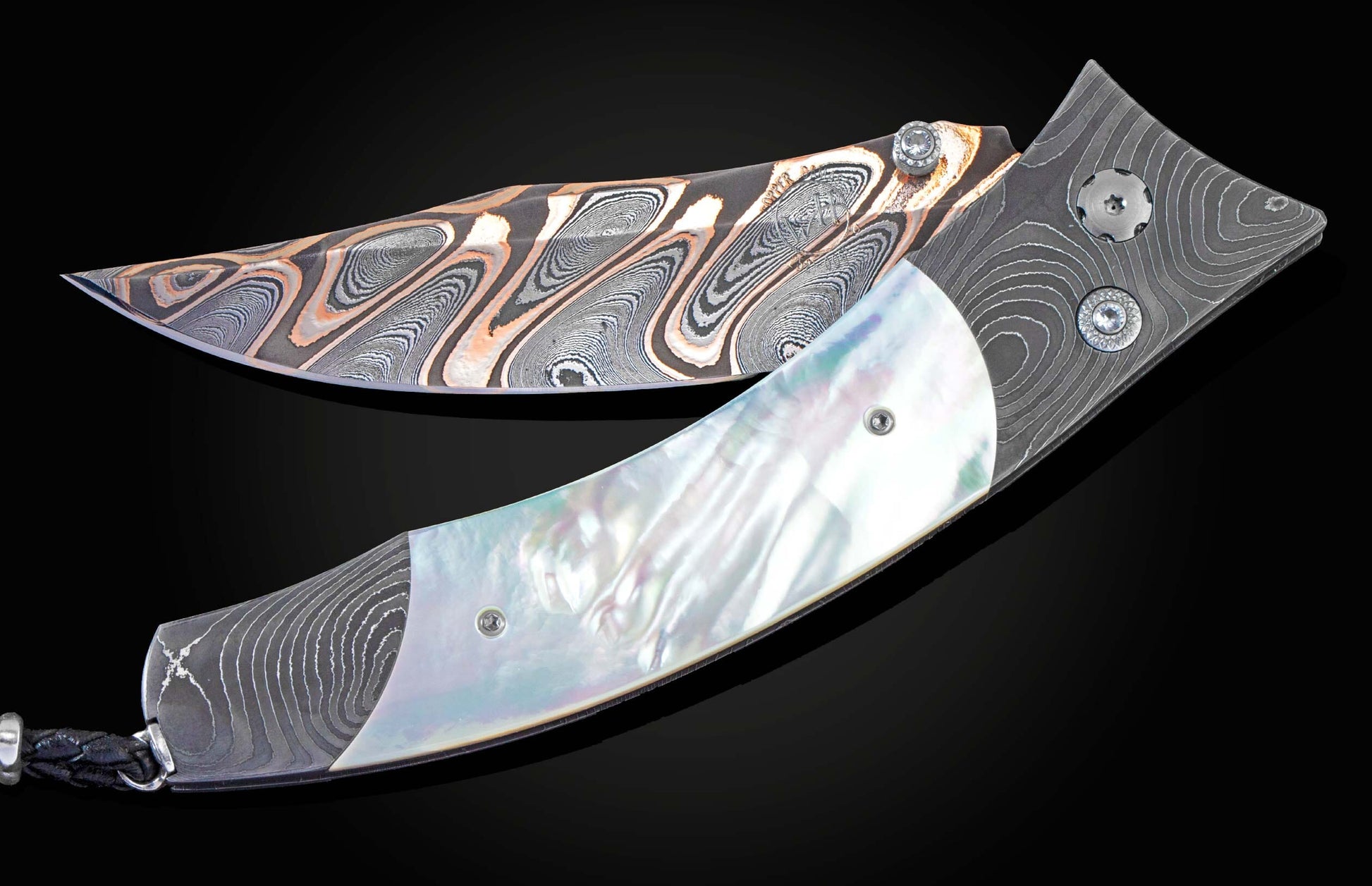 Handcrafted William Henry knife with damascus steel frame by Chad Nichols, inlaid with mother of pearl, white topaz gemstones, and a  damascus steel blade by Baker Forge.