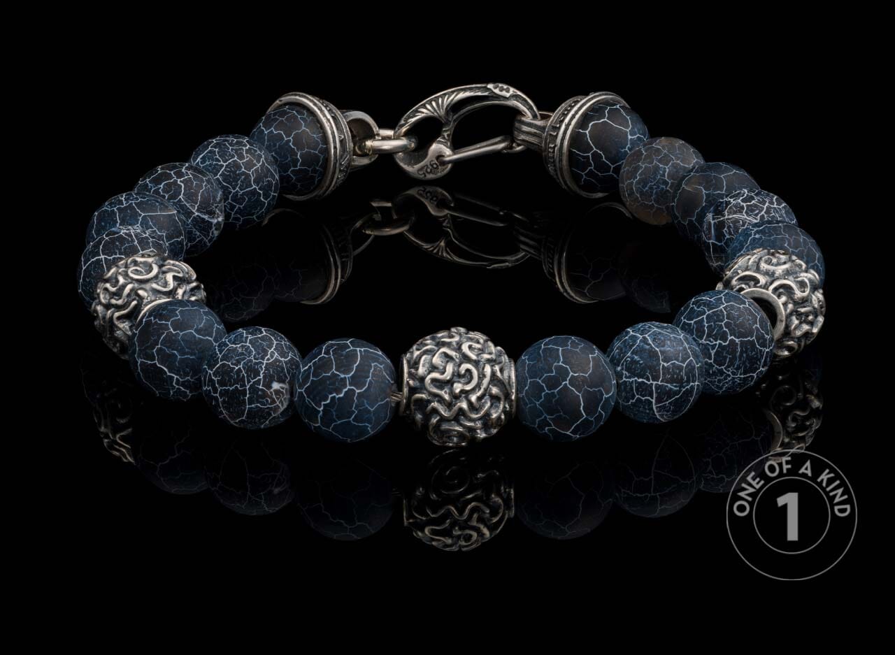 One of a Kind beaded bracelet from William Henry featuring Spider Web agate beads, sterling silver 'Urchin' beads, and sterling silver fittings.