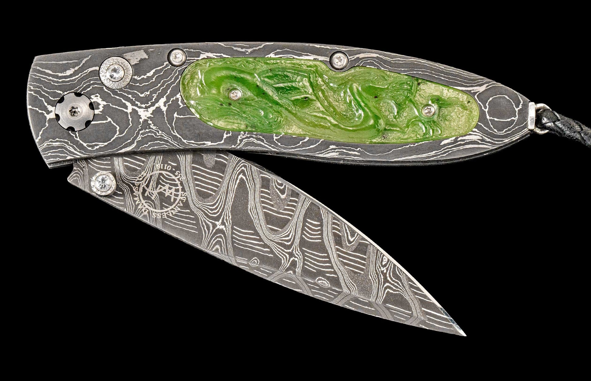 One of a kind custom William Henry Knife with hand-forged Damascus steel, jade, and white topaz. 