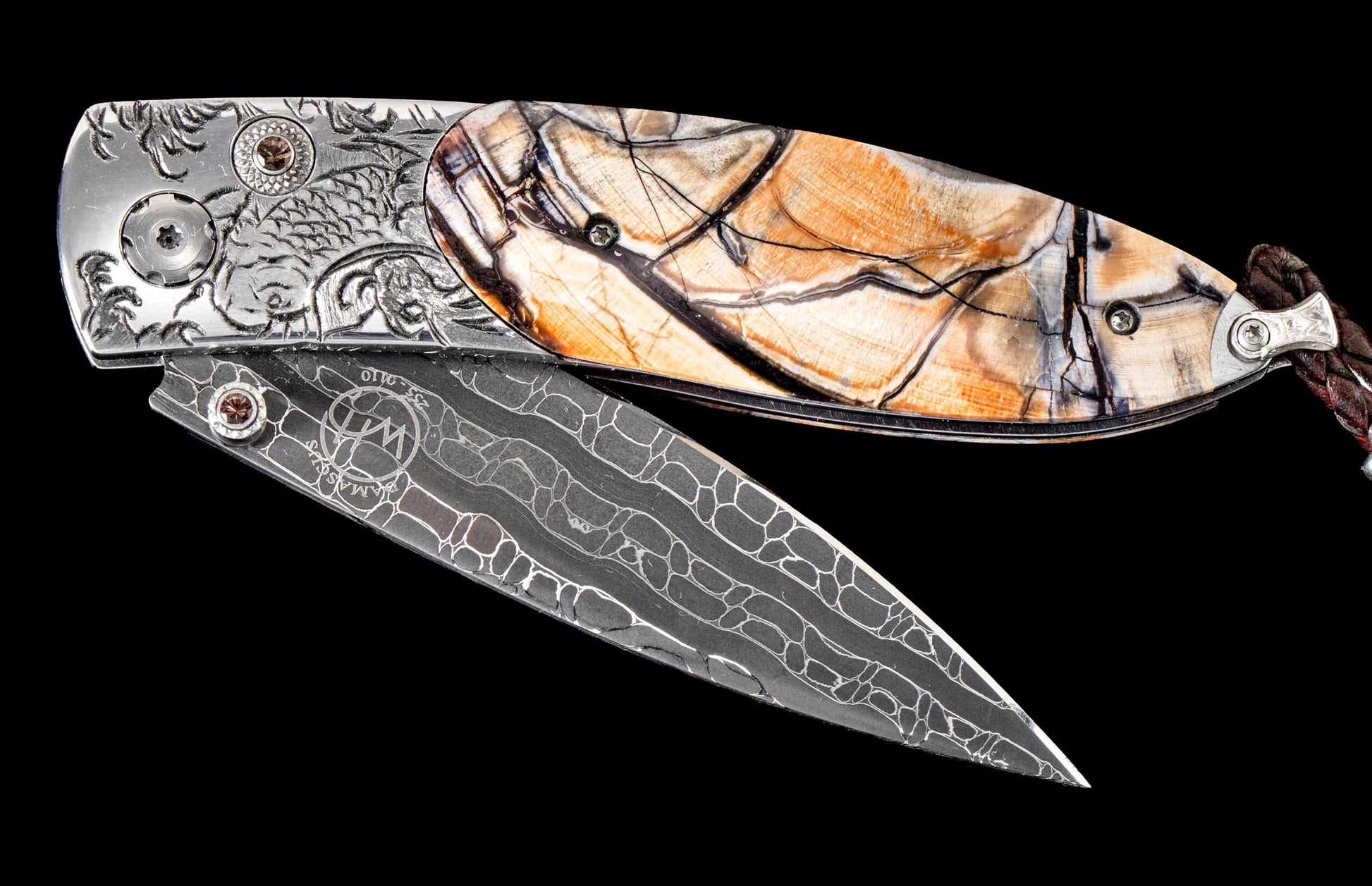 One of a kind custom William Henry knife with Damascus steel, hand-carved sterling silver, fossil Woolly Mammoth tusk and Smoky Quartz