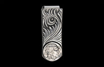 Handcrafted William Henry money clip featuring hand-carved sterling silver body with an inlaid Buffalo Nickel