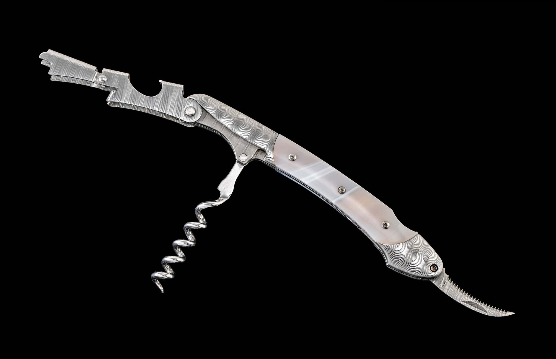One of a kind William Henry custom corkscrew with hand forged Damascus steel and Sardonyx stone